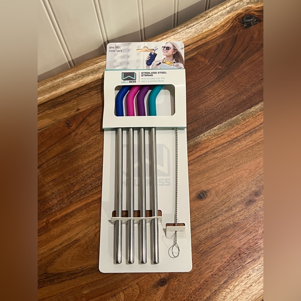 NWT Wellness Stainless Steel Straws+Tips Cleaning Brush 9 Piece Set